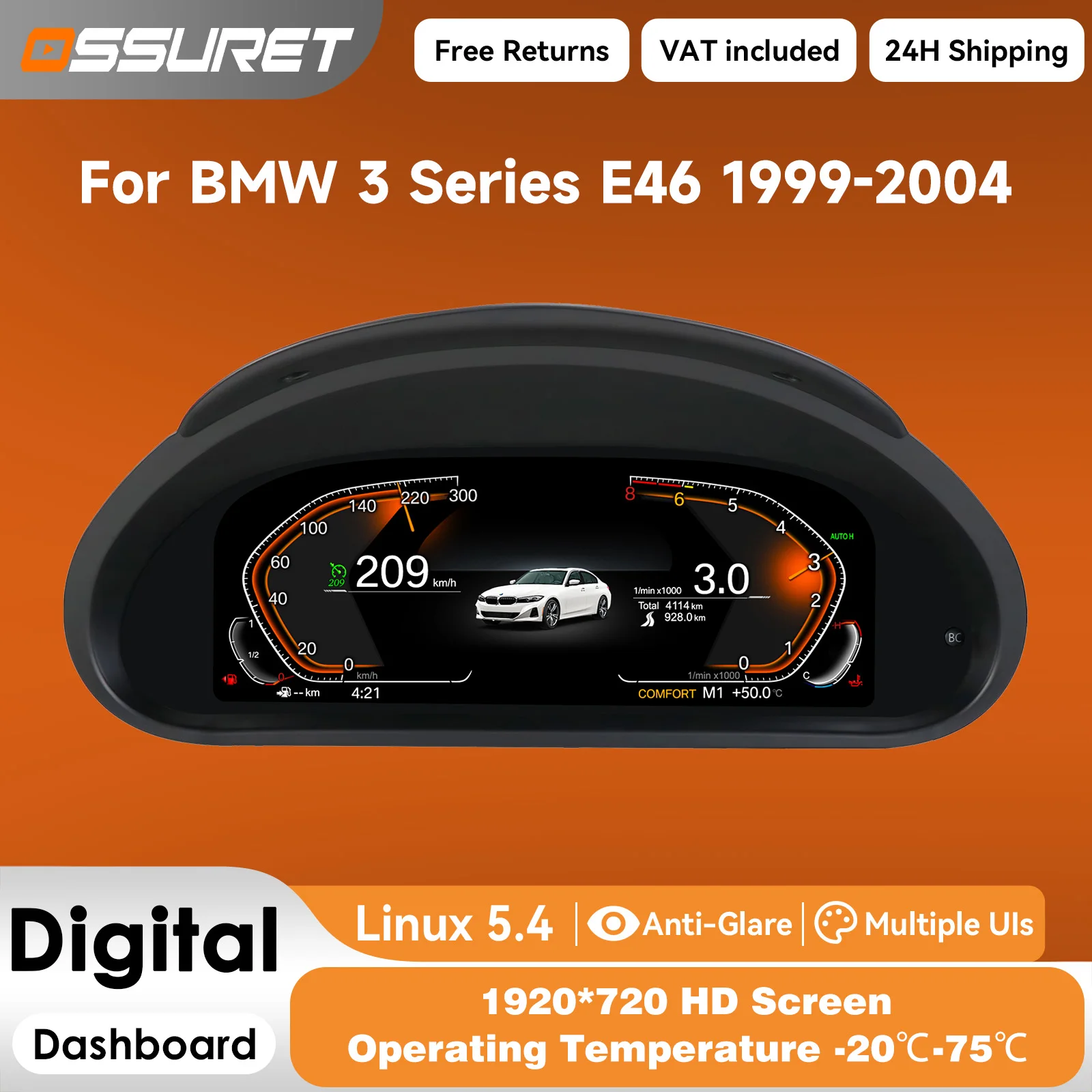 10,25" Digitales Instrumentencluster für BMW 3er Serie E46 1999 - 2004 LCD-Dashboard-Panel Virtuelles Cockpit Tachometer Kilometerzähler 1920*720 HD-Bildschirm