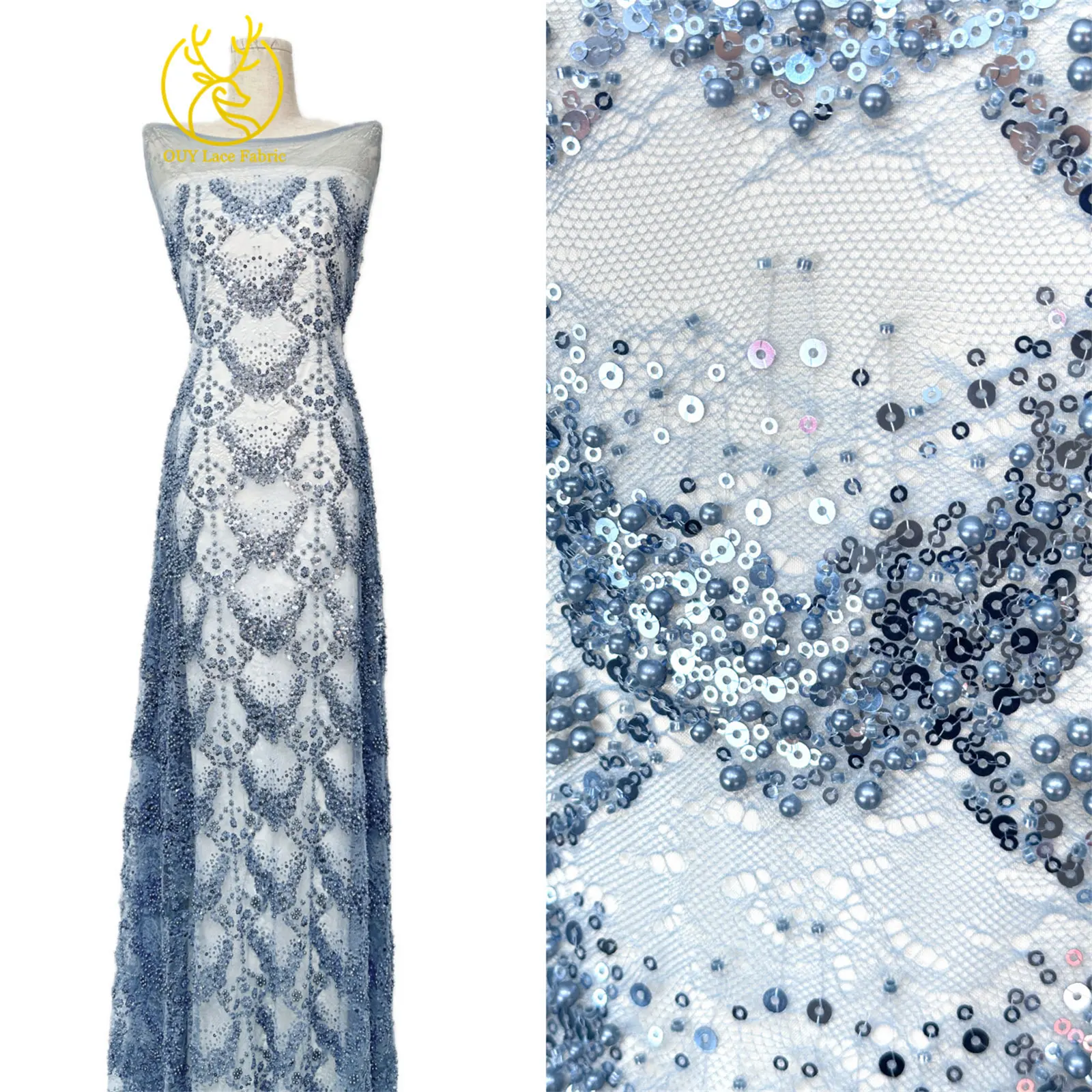 Luxuriöser französischer Kleid-Perlen-Spitzenstoff 2026, hochwertiger gelber afrikanischer Pailletten-Spitzenstoff für Frauen, Hochzeit, Party, Kleid, Nähen – Detail 5