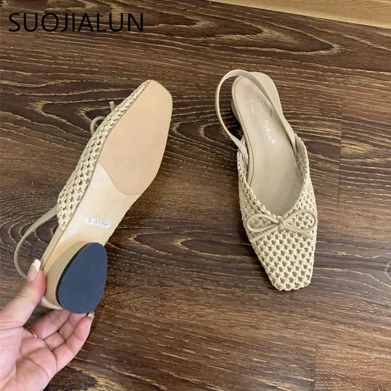 SUOJIALUN Summer New Women Slip On Mules Shoes Fashion Cane Weave Ladies Sandal Shoes Square Low Heel Outdoor Casual Slipper