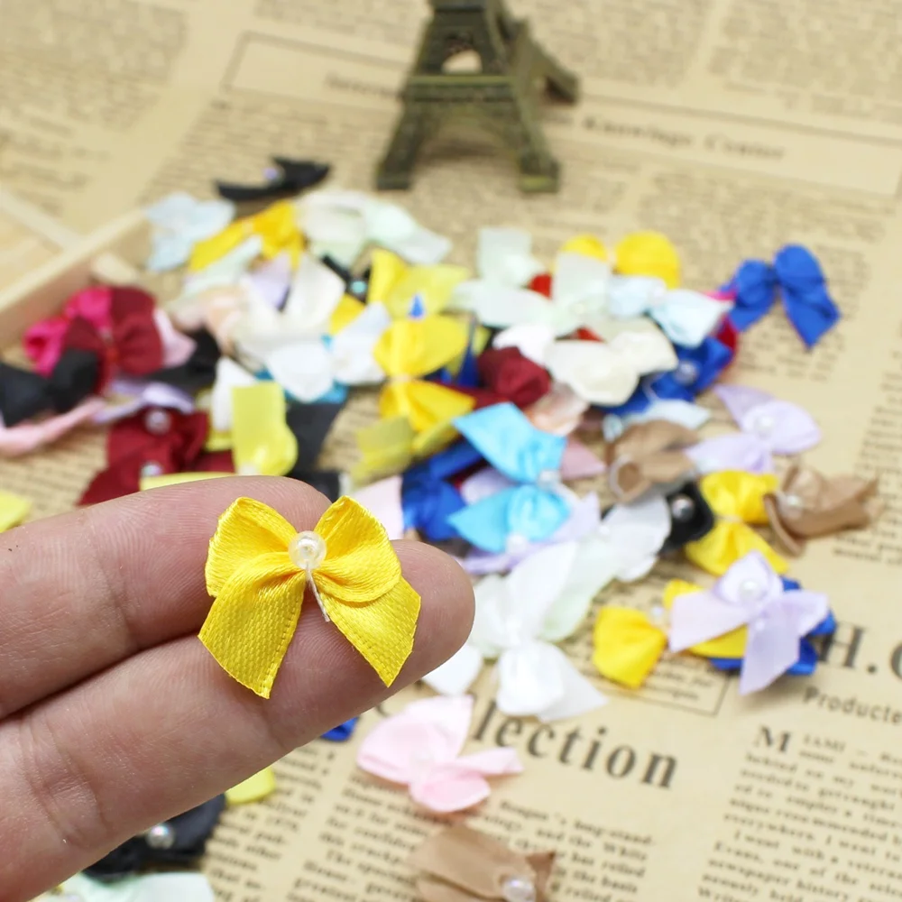 50/100pcs Mini Satin Ribbon Flowers W/Beads Bows Gift Craft Wedding for Crafts Wedding Party Decor Accessories