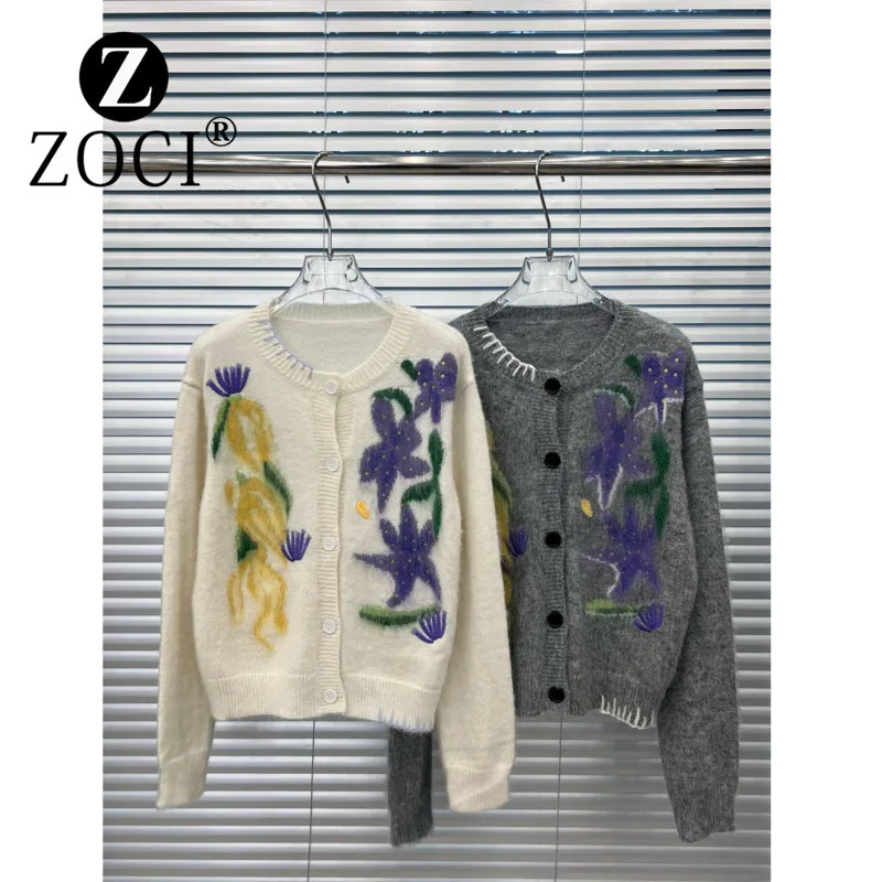 [ZOCI] Autumn Winter New Plant Flower Jacquard Round Neck Single Breasted Cardigan Reducing Age Slimming,