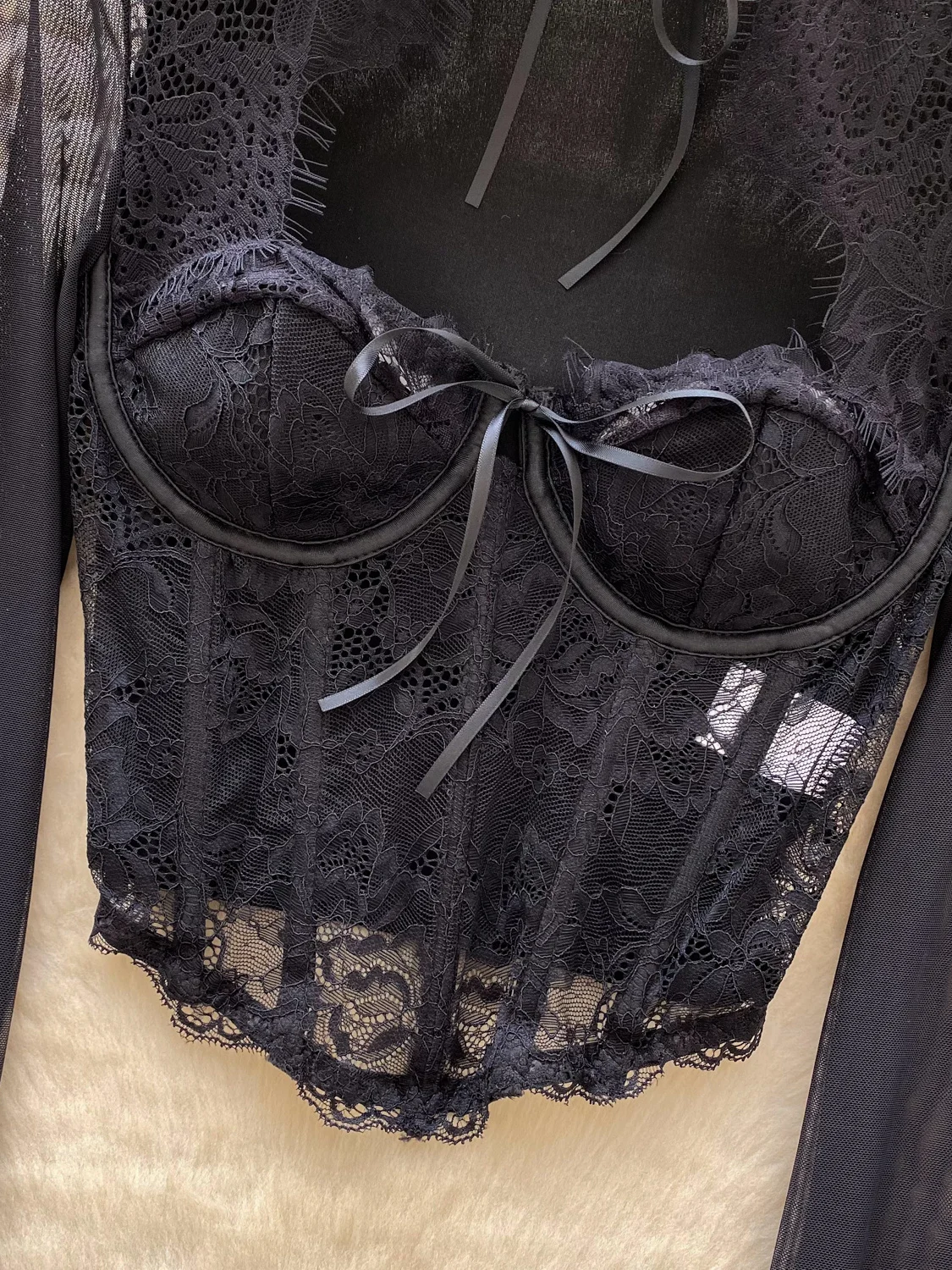 Mulheres preto gótico o-pescoço camisas e blusas vintage y2k 2000s manga longa malha rendas retalhos camisa roupas primavera outono 2025