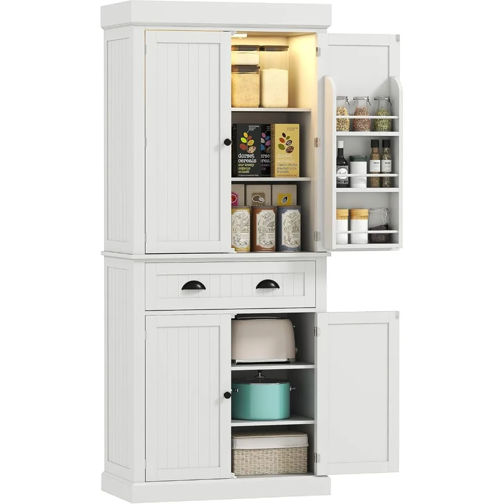 

71" Kitchen Pantry Cabinet with LED Motion Sensor Light, Tall Storage Cabinet with 6 Door Shelves, Drawer & Adjustable Shelves
