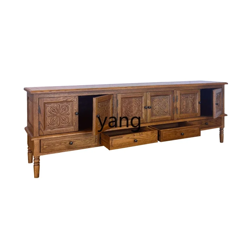 

YJQ solid wood carving flower TV cabinet combination retro pastoral style living room storage long floor cabinet