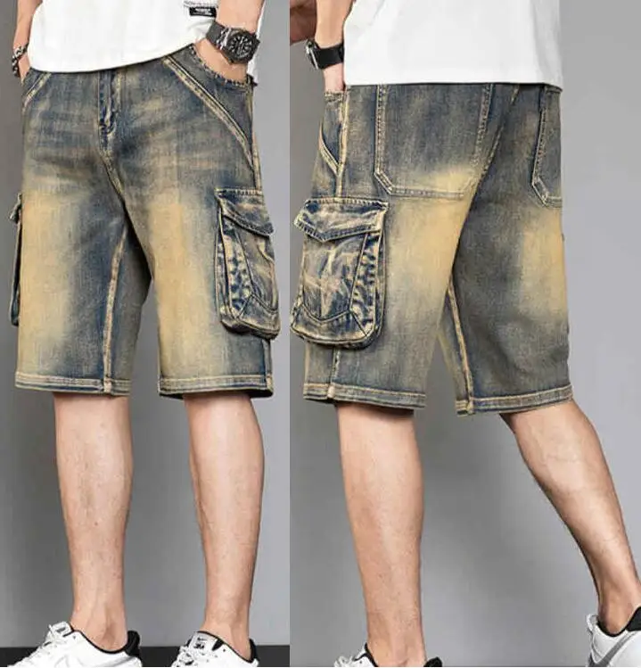 Men Loose Baggy Jeans Shorts Men Jeans Streetwear Long 3/4 Capri Cargo Shorts Pocket Bermuda Male Multi-Pocket Denim Shorts