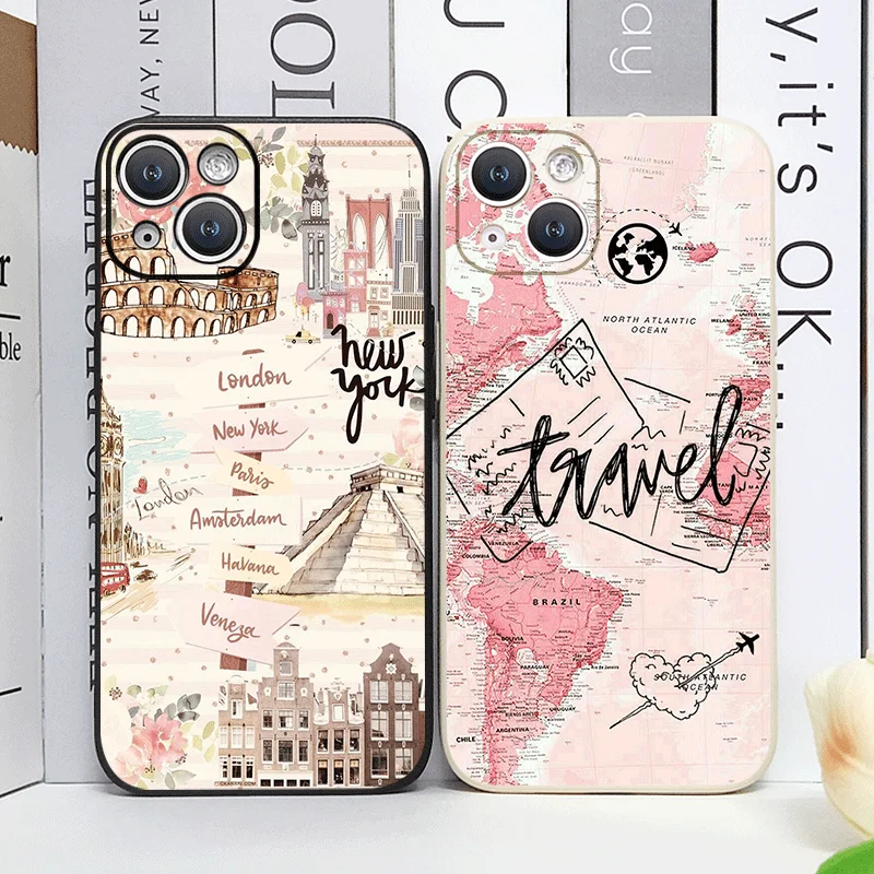 Funda de teléfono impresa con etiqueta de viaje con mapa del mundo rosa para IPhone 16 15 14 11 Pro Max 13 12 Mini XR XS X 7 8 Plus SE20 Fundas de cubierta suave