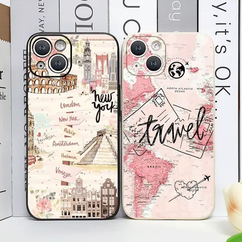 Pink World Map Travel Label Printed Phone Case for IPhone 16 15 14 11 Pro Max 13 12 Mini XR XS X 7 8 Plus SE20 Soft Cover Fundas