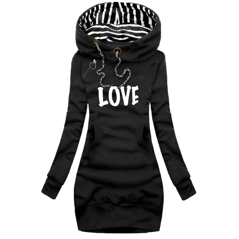 Fashion Love Printed Women Autumn Winter Long Sleeve Casual Hoodies Dress Sweater Dress Plus Size
