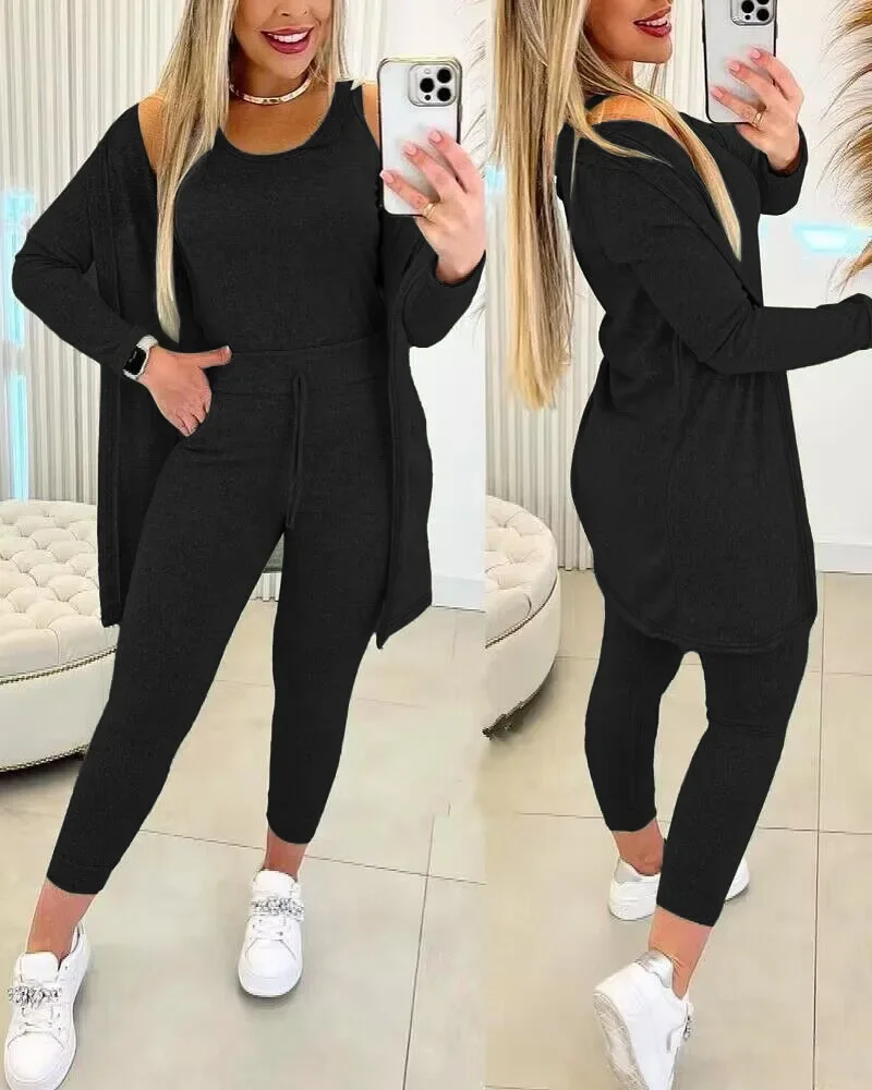 Woman Three-piece Round Neck Sleeveless Tank Top and Drawstring Tight Fit Pants Set with Coat 3ps Sports Suit