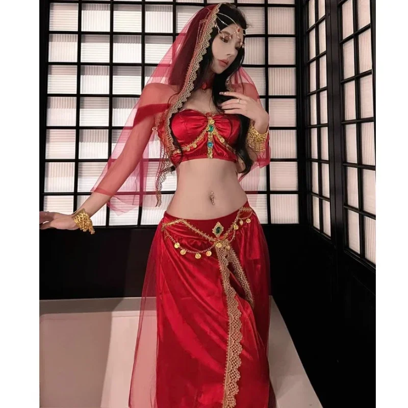 Cosplay Halloween Festival Arabische Cosplay Prinzessin Jasmin Kostüm Bauchtanz Indischer Bollywood-Schleier Top Hose Up Ägyptische Königin