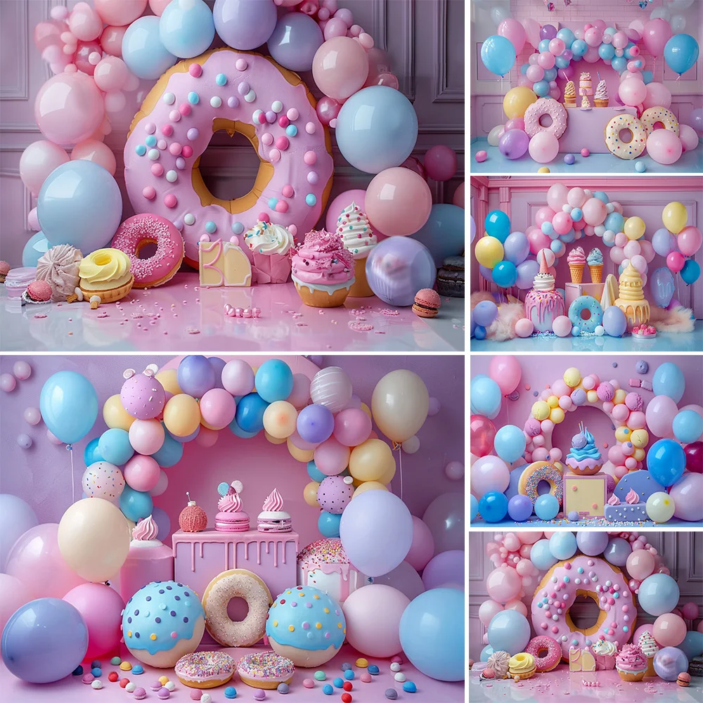 Photography Background Donut Girls Baby Show Backdrop Ice Cream Candy Grains Arch Balloon Decor Newborn Girl Cake Smash Photo