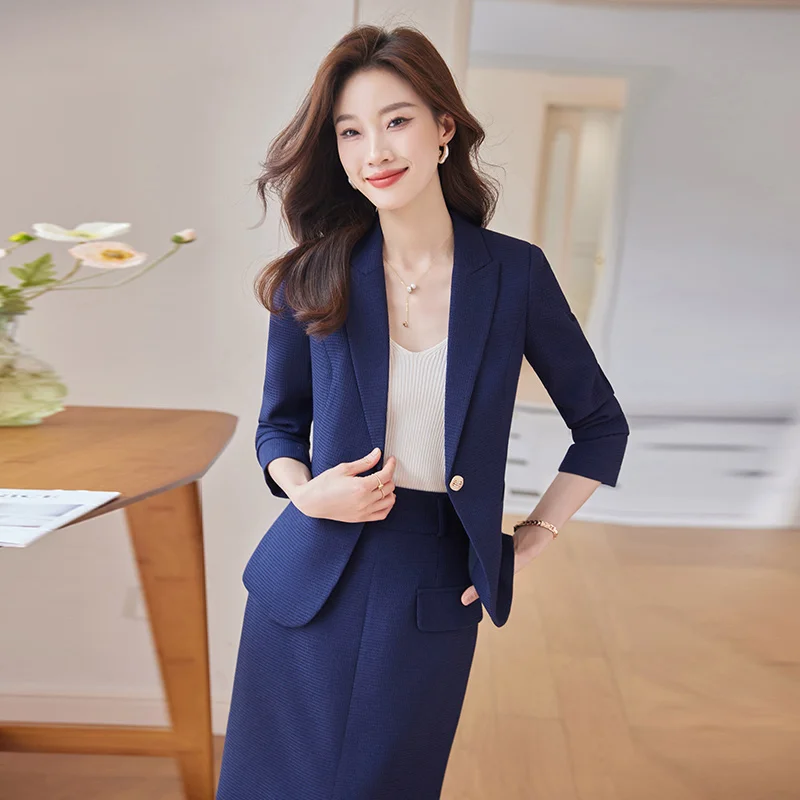 2023 Elegant Women Formal Jacket Skirt Suit Ladies Black Blue Beige Long Sleeve Female Blazer Two Piece Set For Autumn Winter