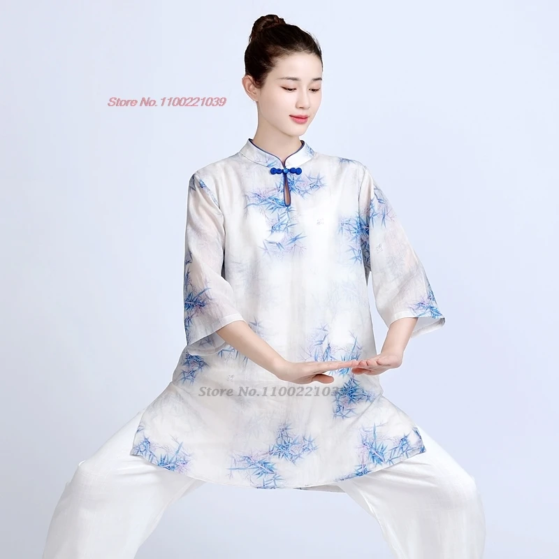 2024 traditional chinese tai chi kung fu uniform national flower print cotton linen exercise practice martial arts kung fu set