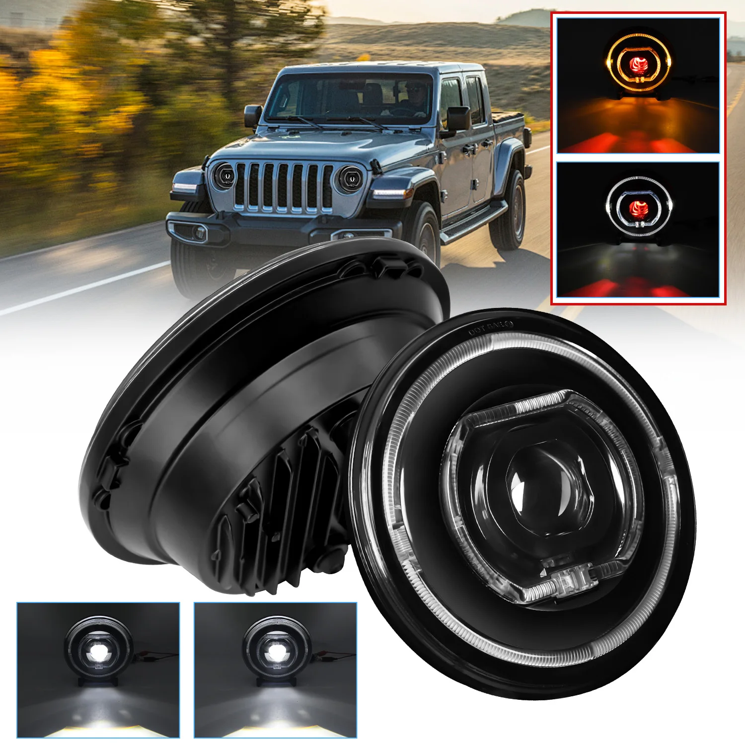 

7 Inch LED Headlight For J-eep Wrangler H4 Hi-Lo Beam Dual Lens White/Yellow DRL Turn Signal With Red Demon Eye Off-Road Lamp