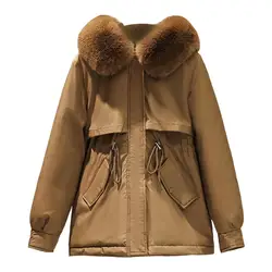 Winter Women Jacket Furry Hood Long Sleeves Padded Drawstring Waist Cotton Coat Zipper Mid Length Warm Long Jacket Outerwear