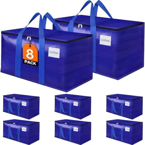

8 Pack Heavy-Duty Moving Bags 93L with Zippers & Reinforced Handles - Blue Storage Totes for Moving & Organizing