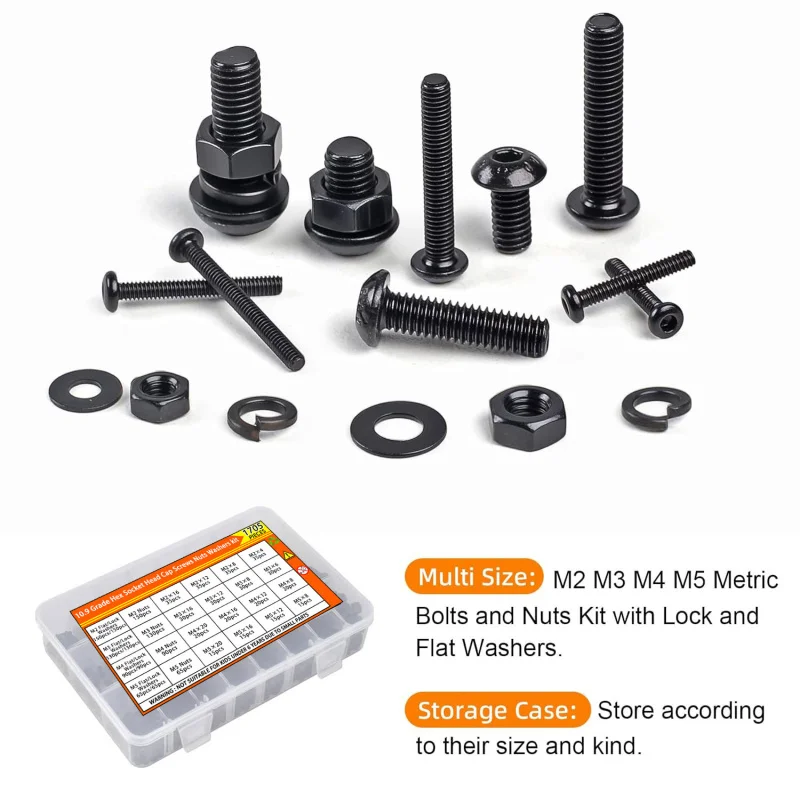 1705Pcs M2-M5 Machine Screw Assortment Kit, Hex Button Head Bolts Nuts Set with Lock Flat Washers, 10.9 Alloy Steel Fasteners image 4