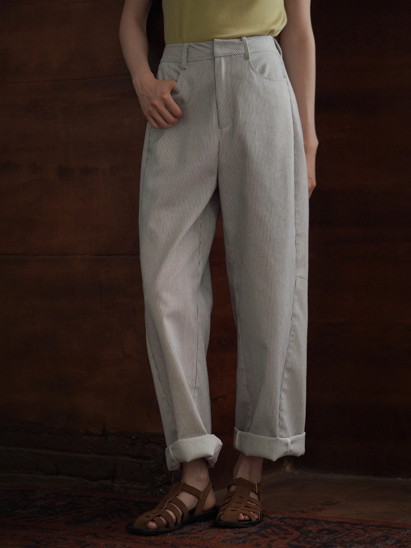 High Waist Straight Leg Wide Leg Pants Vertical Stripes Texture Loose Fit Summer Casual Trousers for Women Girls Students