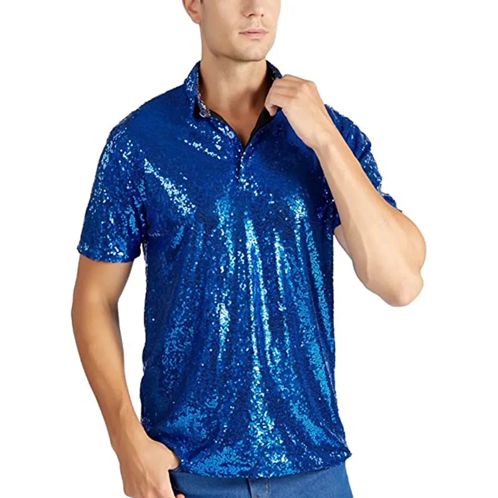 Comfy Fashion T-Shirt Short Sleeve Lapel Men Nightclub Party Sequin Shiny Short Sleeve Solid Color Stage Summer