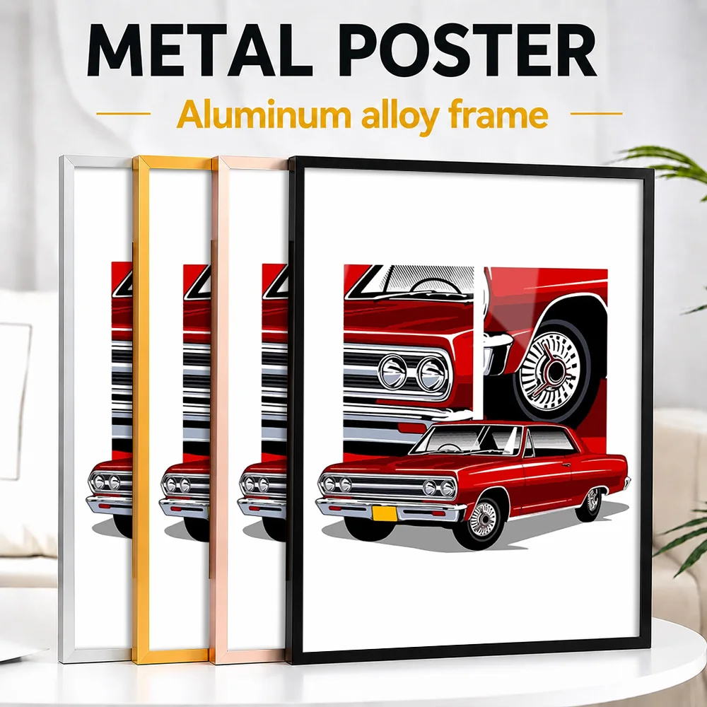 Red Classic Car Framed Metal Poster Personalized Photo Warm Heritage Style Wall Art For Living Room Thoughtful Enthusiast Gift
