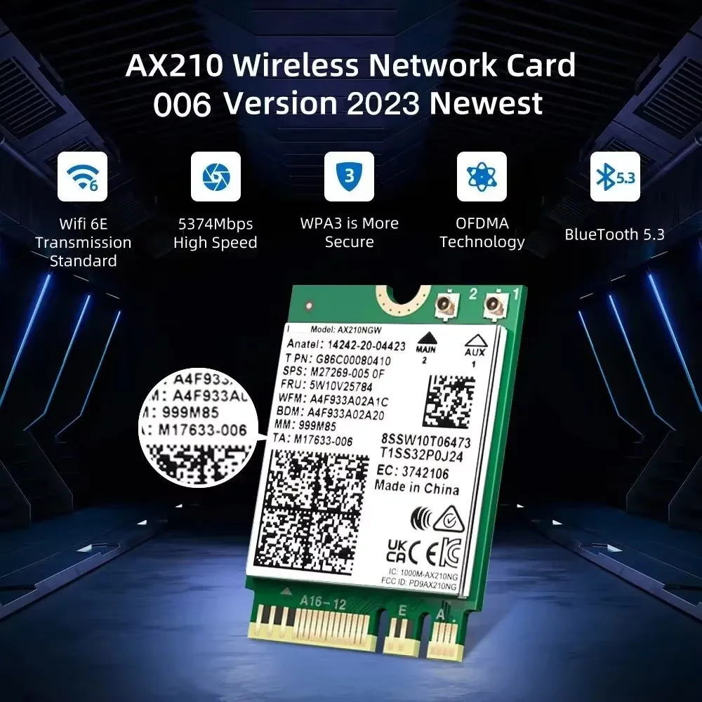 KEBIDUMEI WiFi 6E AX210NGW NGFF Wireeless Adapter Bluetooth 5.3 WiFi6 5374Mbps 2.4G/5G/6GHz 802.11AX For Desktop For Win10/11