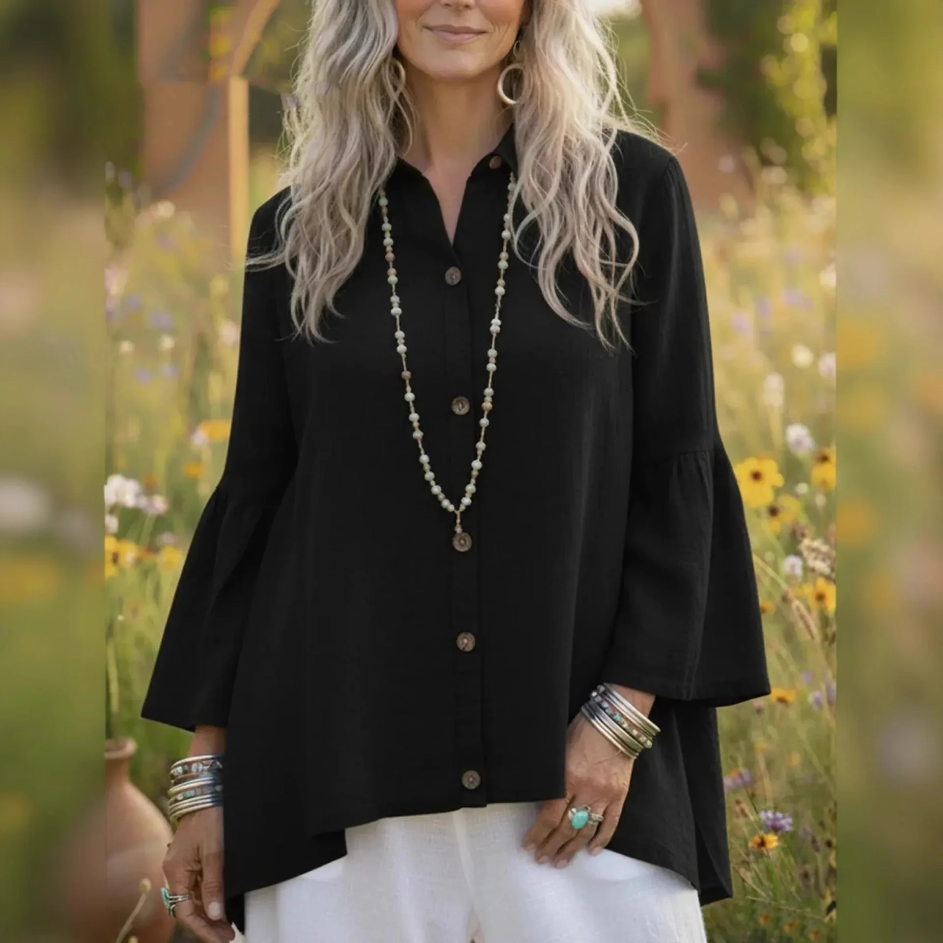 Spring Autumn New Simple Solid Color Women Casual Loose Tops Fashion Collar Horn Sleeve Female Collar Shirt