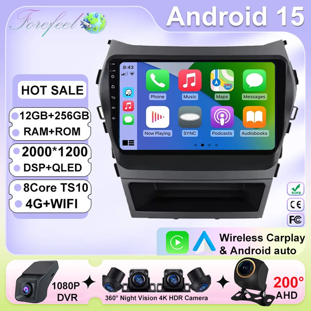 

For Hyundai Santa Fe 3 Grand IX45 2012 - 2017 Android 15 Carplay Car Radio Navigation GPS Multimedia Player WiFi+4G Stereo video