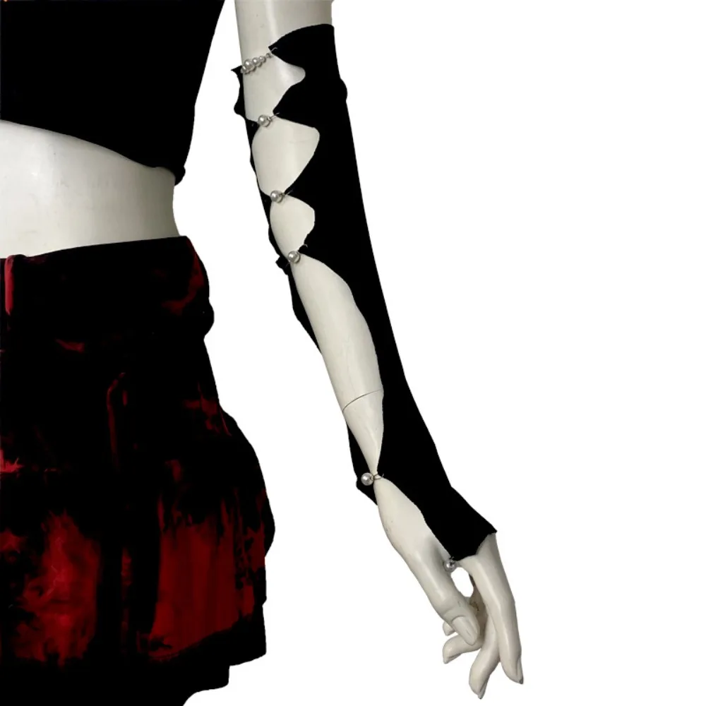 Moda cool nero punk maniche da braccio sottile elastico perla mezzo dito copertura del braccio Y2K calzini gamba manica al polpaccio scavata ragazze