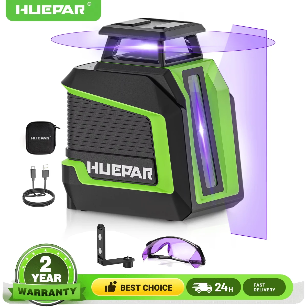 Huepar Purple Laser Level Horizontal Vertical Self-Leveling Cross Lines Laser Tool With Bracket And Brightness Adjustment D011CP