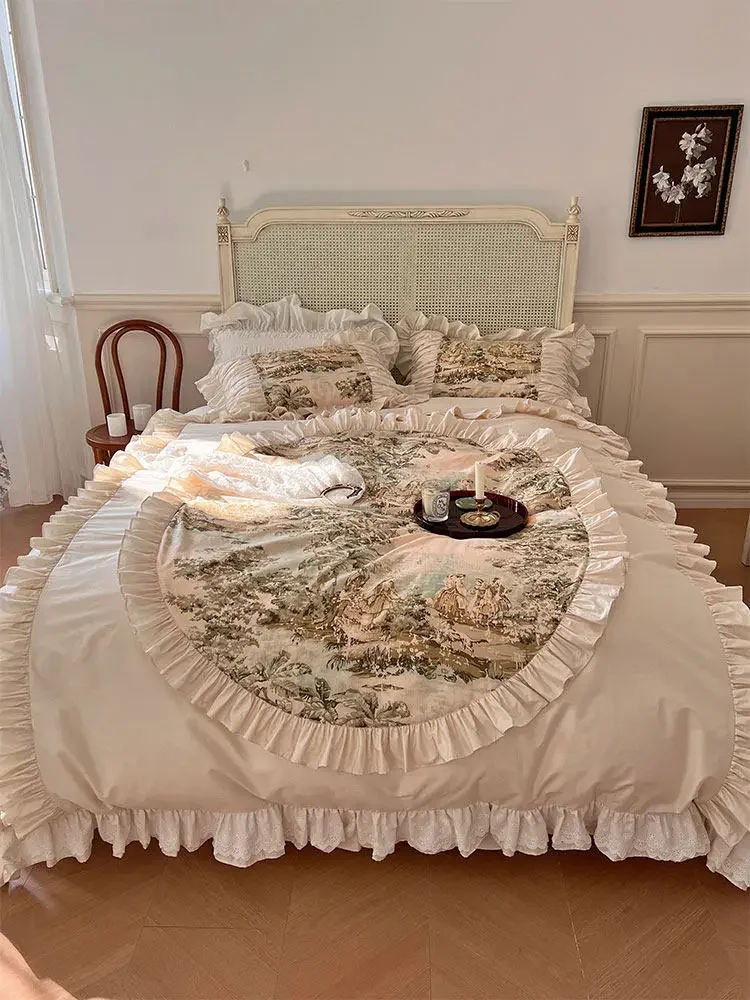 French retro pure cotton four-piece set of 100 cotton bed skirt princess style lace quilt cover 4 pieces of court bedding
