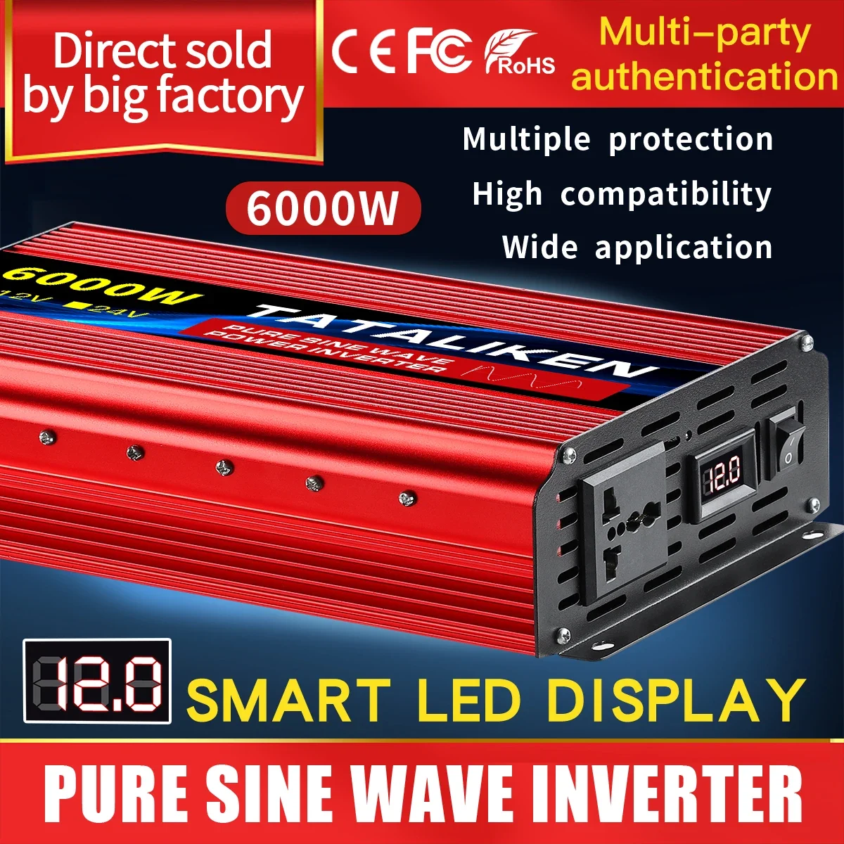 Inversor de Onda Senoidal Pura com Display Led Conversor de Energia Transformador Solar do Carro dc 12v 24v a 220v ac Tensão 7000w 8000w 50hz 60hz