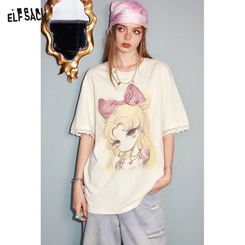 

ELFSACK 2025 Summer New Arrival Loose Casual Yellow Lace Patchwork Printed Short Sleeve Women's T-Shirt