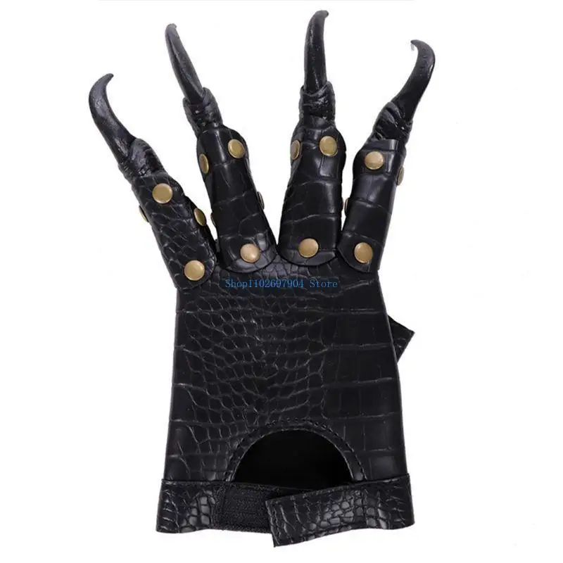 

N7YF Unisex Gothic Punk Halloween Dragon Claw Gloves Metal Studded Long Finger Faux Leather Mittens Cosplay Costume