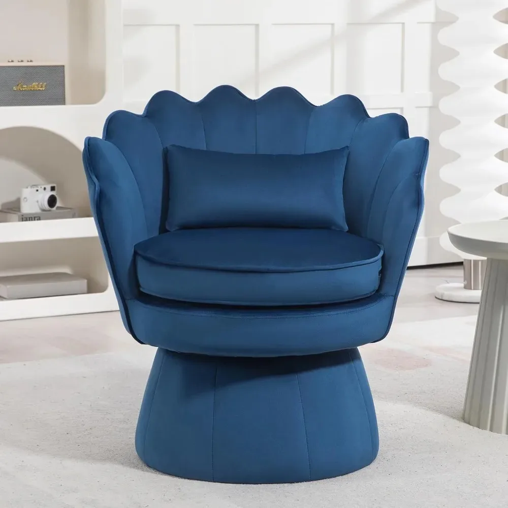 

360° Swivel Upholstery Chair, Mid-century Modern Velvet Bucket Chair, Comfortable Shell-shaped Armchair with Lumbar Pillows