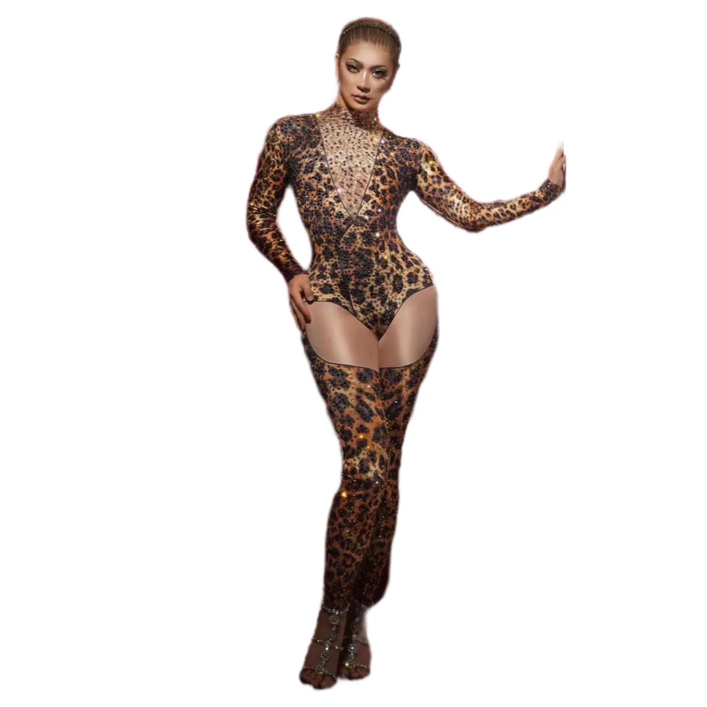 

Rhinestone Leopard Sexy Long Sleeves Jumpsuits For Women Nightclub Party Singer Stage Costumes Prom Pole Dance Leotard Wears