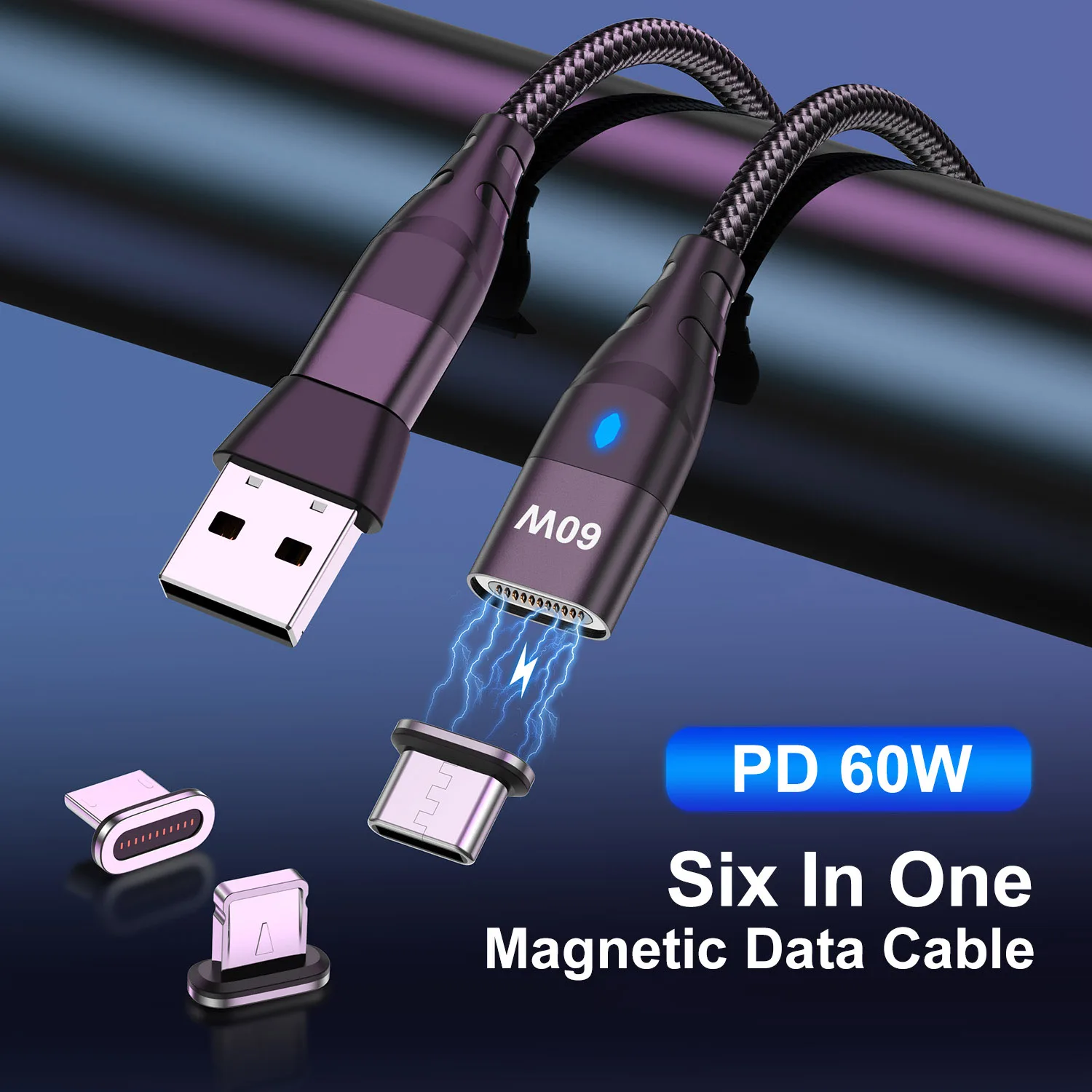 Cabo magnético de carregamento rápido, Tipo C para Tipo C, Micro Data Cord para iPhone, Samsung, Fio do carregador do ímã, USB A Adapter, 60W