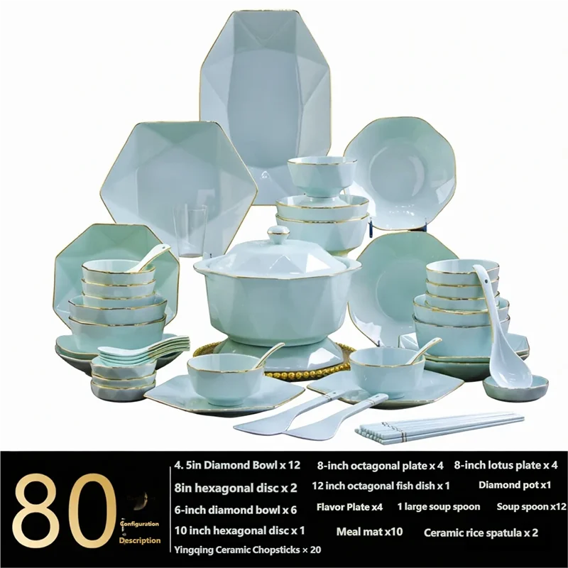 Celadon Tableware Set 16/80pcs Hand-Painted Gold Celadon Dish Sets Full Set Luxury Ceramics China Dinnerware Set 2/4/10 Persons