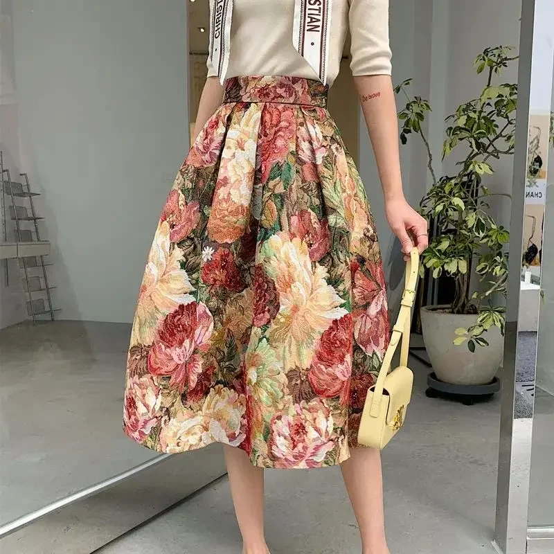 

French Painting Floral Elegant Chic High Waist Ball Gown Loose Women's Skirt Knee-Length Long Skirts For Women Clothing Fashion
