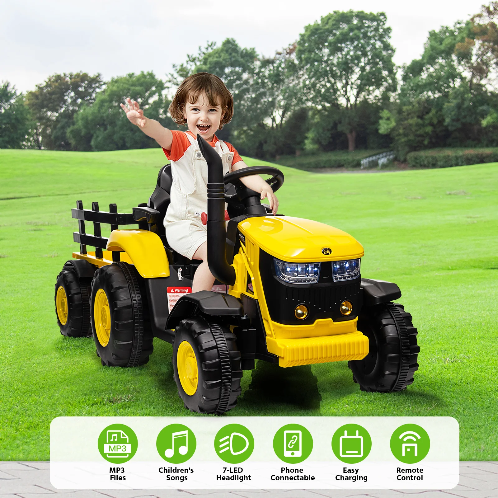 Kids Ride on Tractor with Trailer, 12V Battery Powered Electric Vehicle Toy with Remote Control, Music Startup Sound USB, LED Li