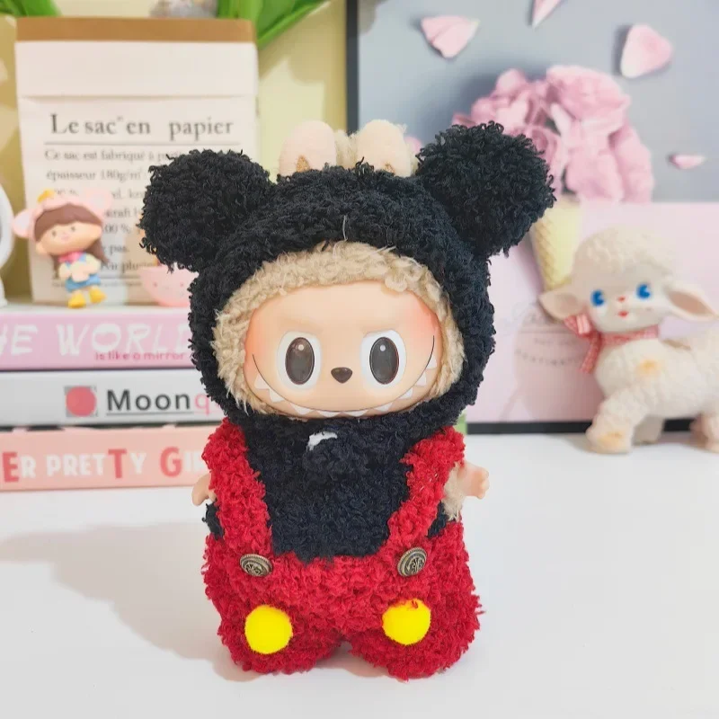 Doll's Clothes For Labubu 17cm Cute Outfit Accessories Dolls Clothing Kids Gift Black and Red Mouse Overall and Hat Mickey Mouse