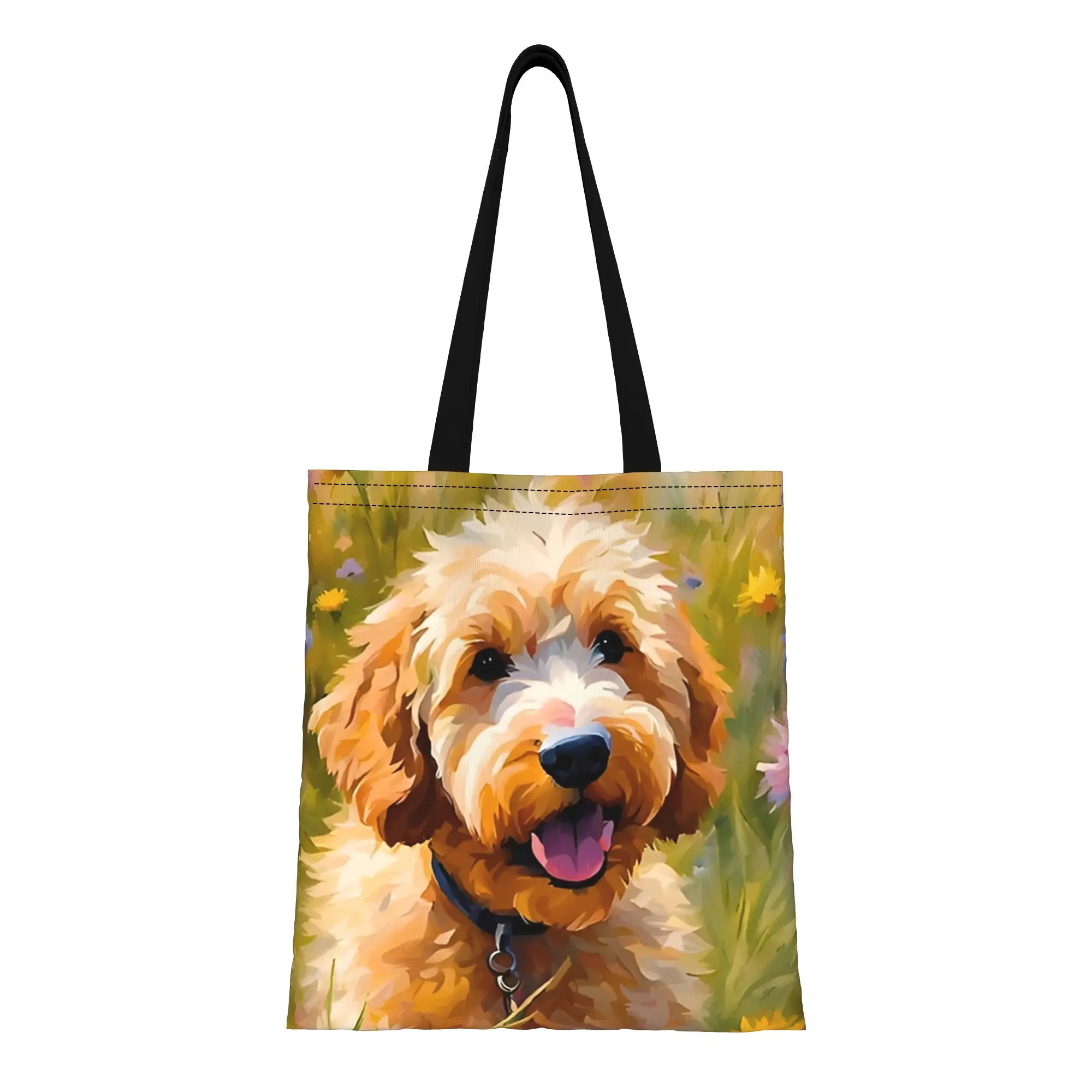 

Сумка-тоут из холщовой ткани с изображением очаровательного миниатюрного золотистого пуделя на цветочной поляне, женская сумка через плечо для школы