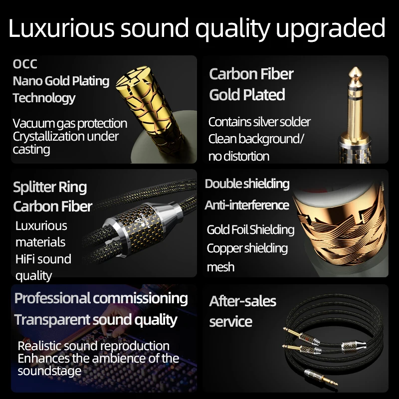 ATAUDIO OCC Placcato Oro HiFi da 6,5 mm a doppio cavo da 6,5 mm Stereo da 6,5 TRS a doppio cavo per chitarra amplificatore 6.5 TS