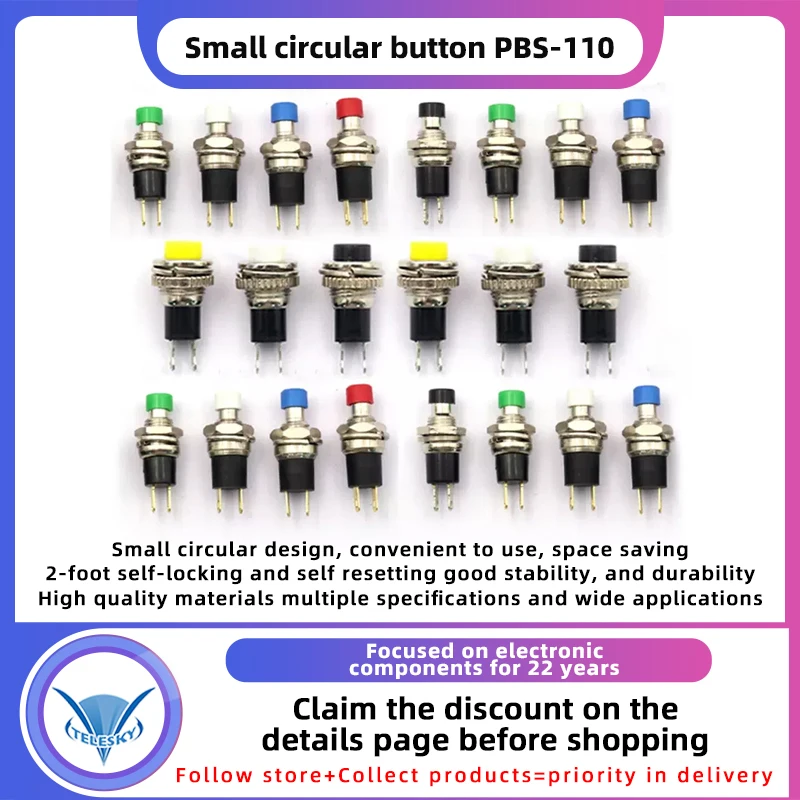 20PCS Mini Round Momentary Push Button Switch, 7mm Self-Reset with Red, Yellow, Green, Blue, Black and White Colors