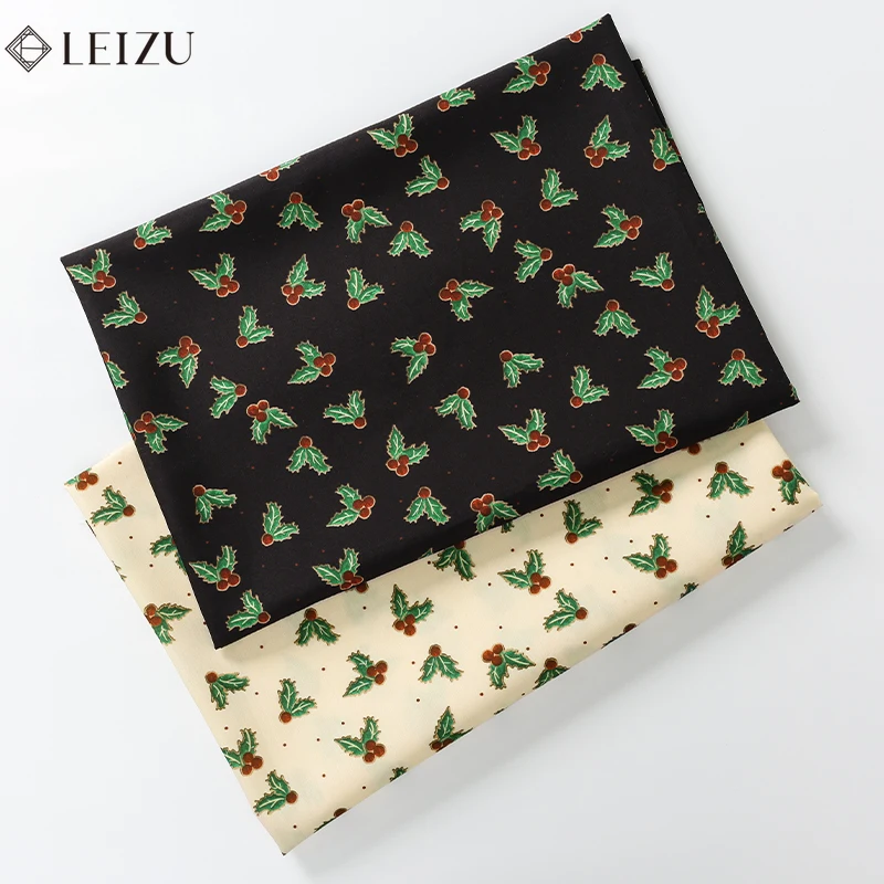 0.5M/1M/2M Christmas Style Fabric Holly Leaves Berries Print Holiday Fabric for Sewing Bag,Tablecloth,Quilting, DIY Decorations