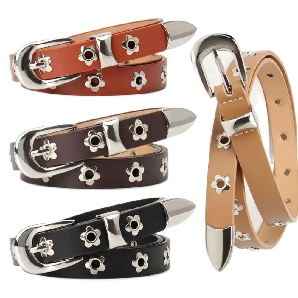 

Retro Alloy Pin Buckle Flower Rivet Belt Punk Korean Style PU Leather Waistband All-match Y2k Thin Waist Strap Jeans Decorative