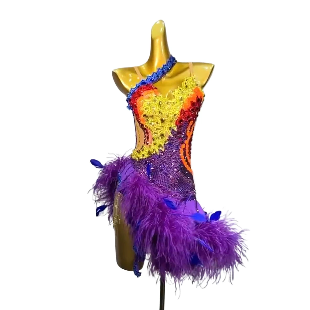 Latin Dance International Special Competition Uniform Seven Color Diamond Fluff Dance Dress Samba Standard Dress