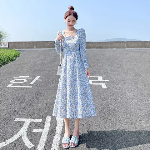 Blue Floral Print Bubble Sleeve Dress Elegant French Style Long A- Line Skirt Polyester Fiber Slimming Pure Desire Ladylike