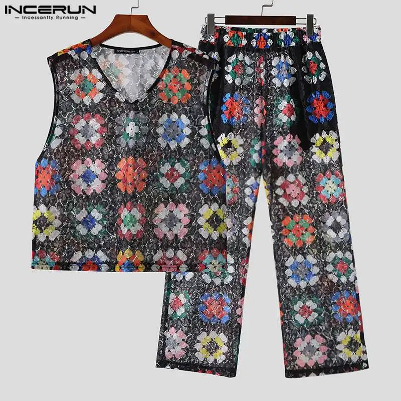 INCERUN Men Sets Lace Flower Printing Transparent V Neck Sleeveless Tank Tops & Pants 2PCS Streetwear 2023 Sexy Men Suits S-5XL