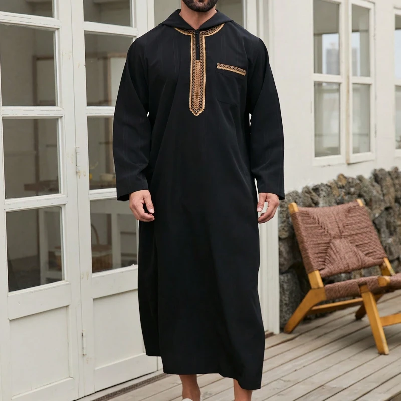 Men's Black Djellaba Islamic Modest Embroidery Abaya Moroccan Hooded Robe Muslim Ramadan Jalabiya Luxury Elegant Kandora Burqa