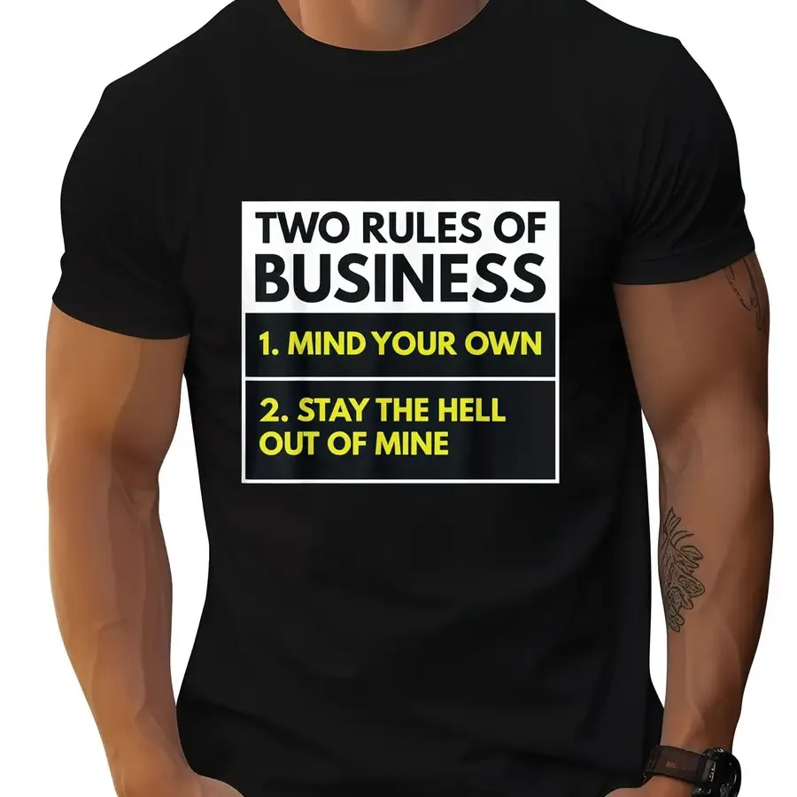 Camiseta con estampado de "Mind Your Own Business Don't Come to Me" para hombre, camiseta informal de verano con cuello redondo 100% y detalles en amarillo y blanco llamativos